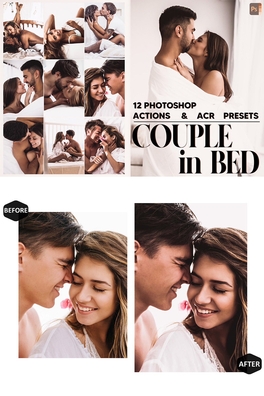 12 Photoshop Actions, Couple In Bed Ps Action, White ACR Preset, Late Ps Filter, Atn Portrait And Lifestyle Theme For Instagram, Blogger pinterest preview image.