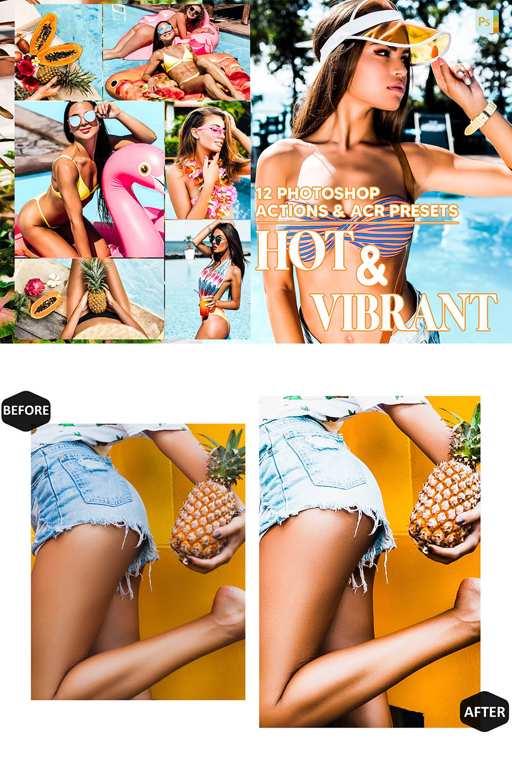 12 Photoshop Actions, Hot & Vibrant Ps Action, Bright ACR Preset, Colorful Ps Filter, Atn Portrait And Lifestyle Theme For Instagram, Blogger pinterest preview image.