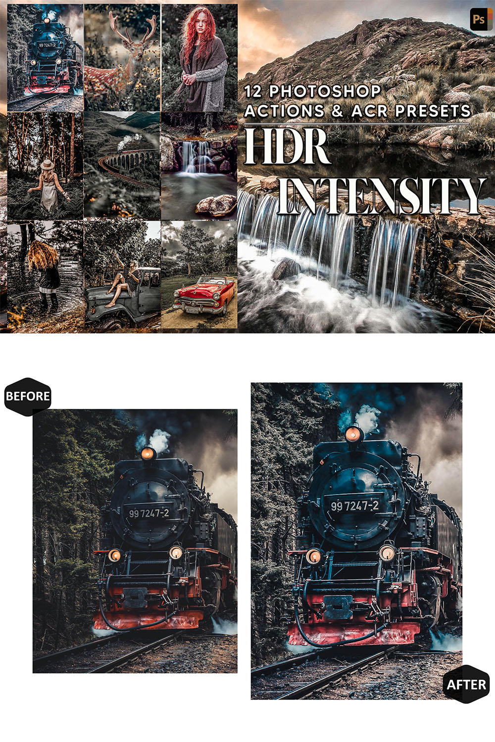 12 HDR Intensity, Moody Sharp Ps Action, Harsh ACR Preset, Forest Ps Filter, Landscape Portrait And Lifestyle Theme For Instagram, Blogger pinterest preview image.