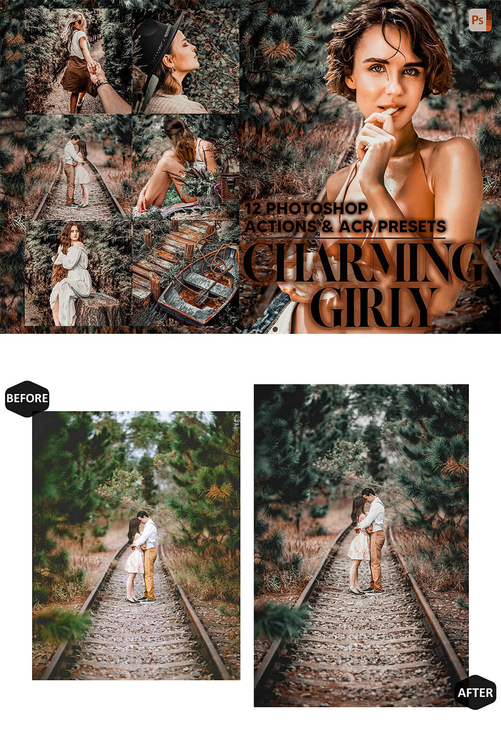 12 Photoshop Actions, Charming Girly Ps Action, Moody ACR Preset, Warm Nature Ps Filter, Atn Portrait And Lifestyle Theme Instagram, Blogger pinterest preview image.