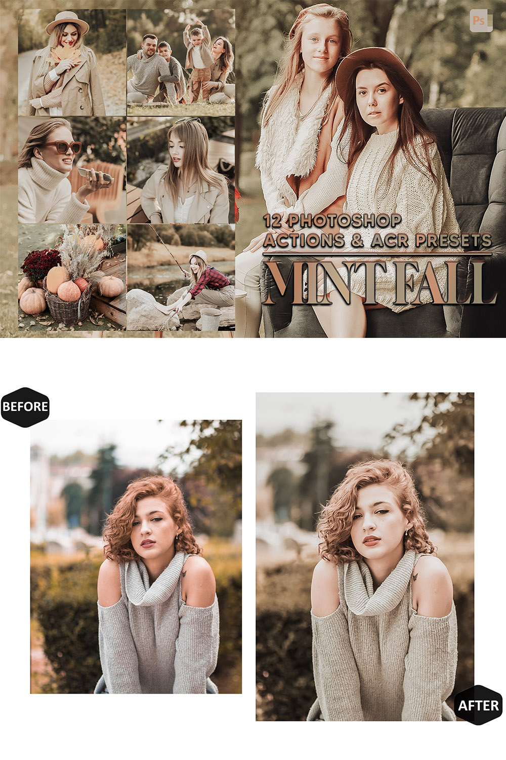12 Photoshop Actions, Mint Fall Ps Action, Autumn Green ACR Preset, Cream Ps Filter, Atn Portrait And Lifestyle Theme For Instagram, Blogger pinterest preview image.