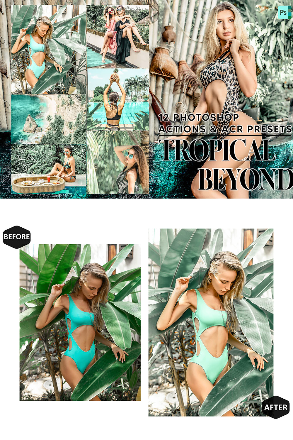 12 Photoshop Actions, Tropical Beyond Ps Action, Landscape ACR Preset, Beach Ps Filter, Portrait And Lifestyle Theme For Instagram, Blogger pinterest preview image.