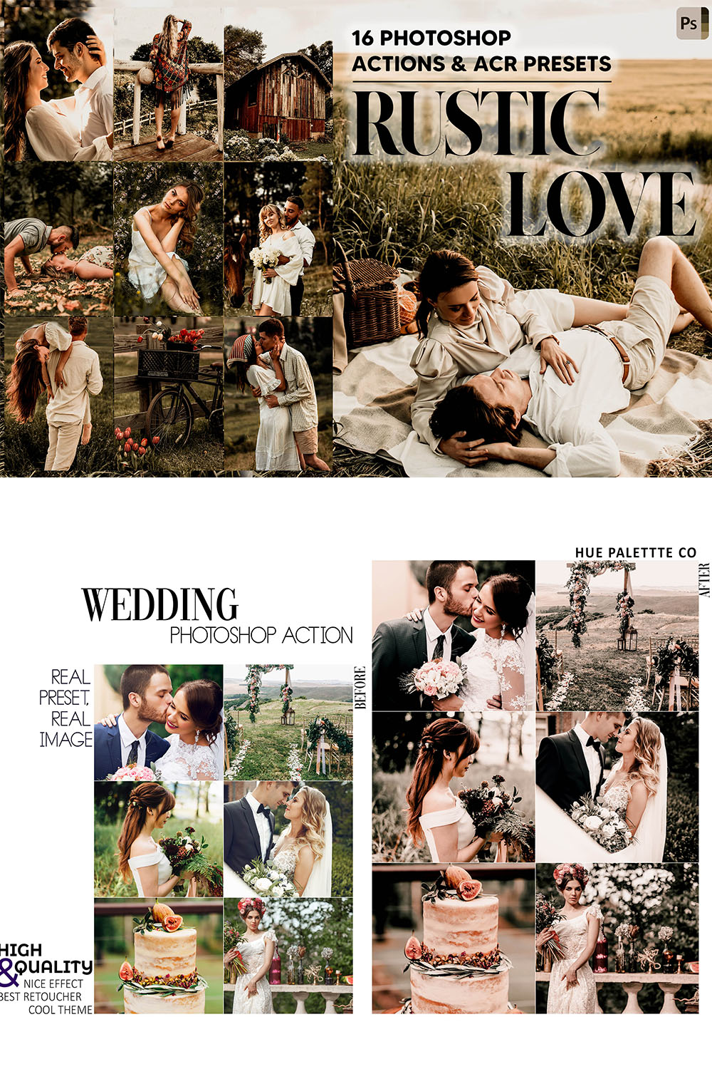 16 Photoshop Actions, Rustic Love Ps Action, Bohemian ACR Preset, Boho Ps Filter, Atn Portrait And Lifestyle Theme For Instagram, Blogger pinterest preview image.