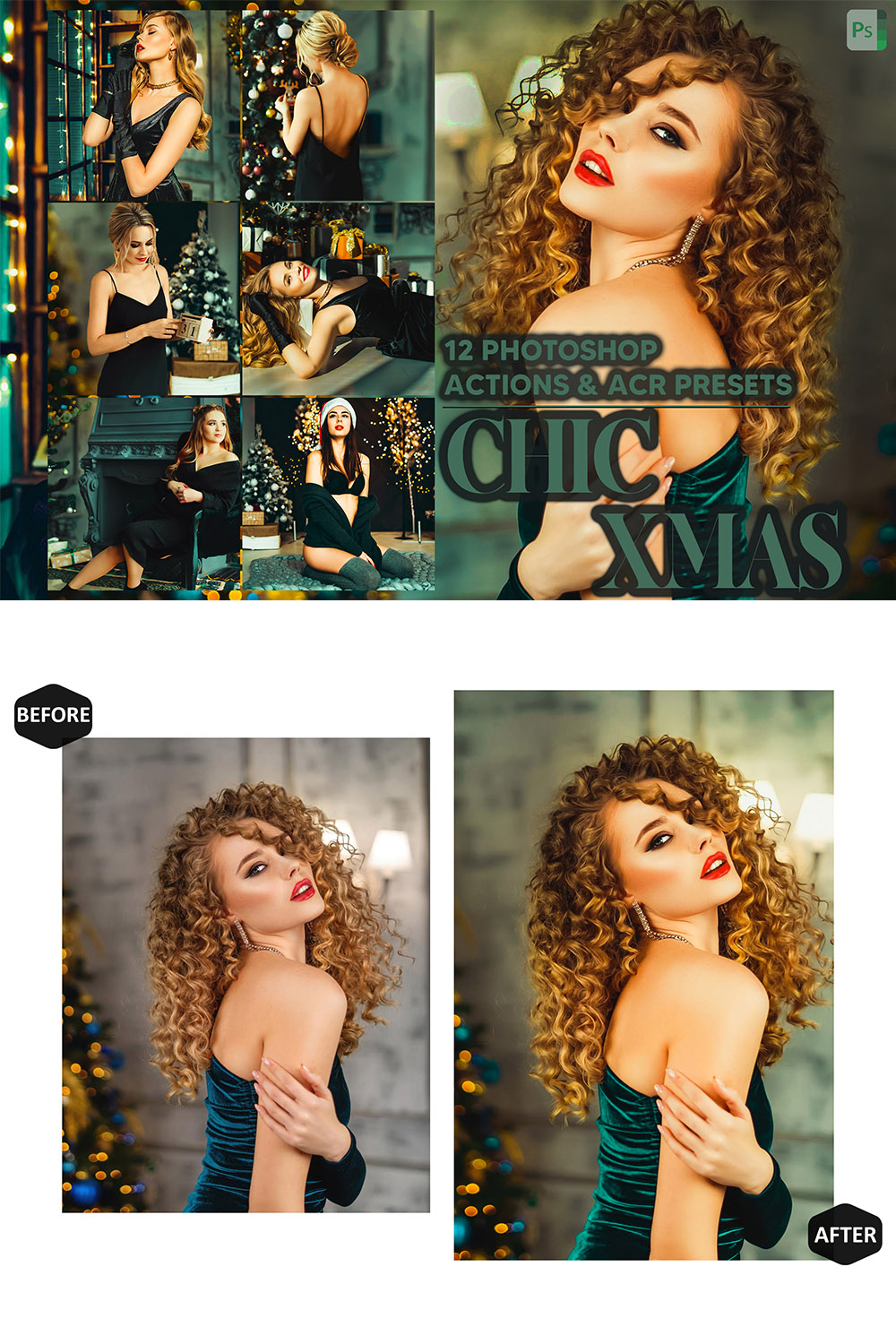 12 Christmas Photoshop, Chic Xmas Ps Action, Lux Holiday ACR Preset, Winter Ps Filter, Atn Portrait And Lifestyle Theme Instagram Blogger pinterest preview image.