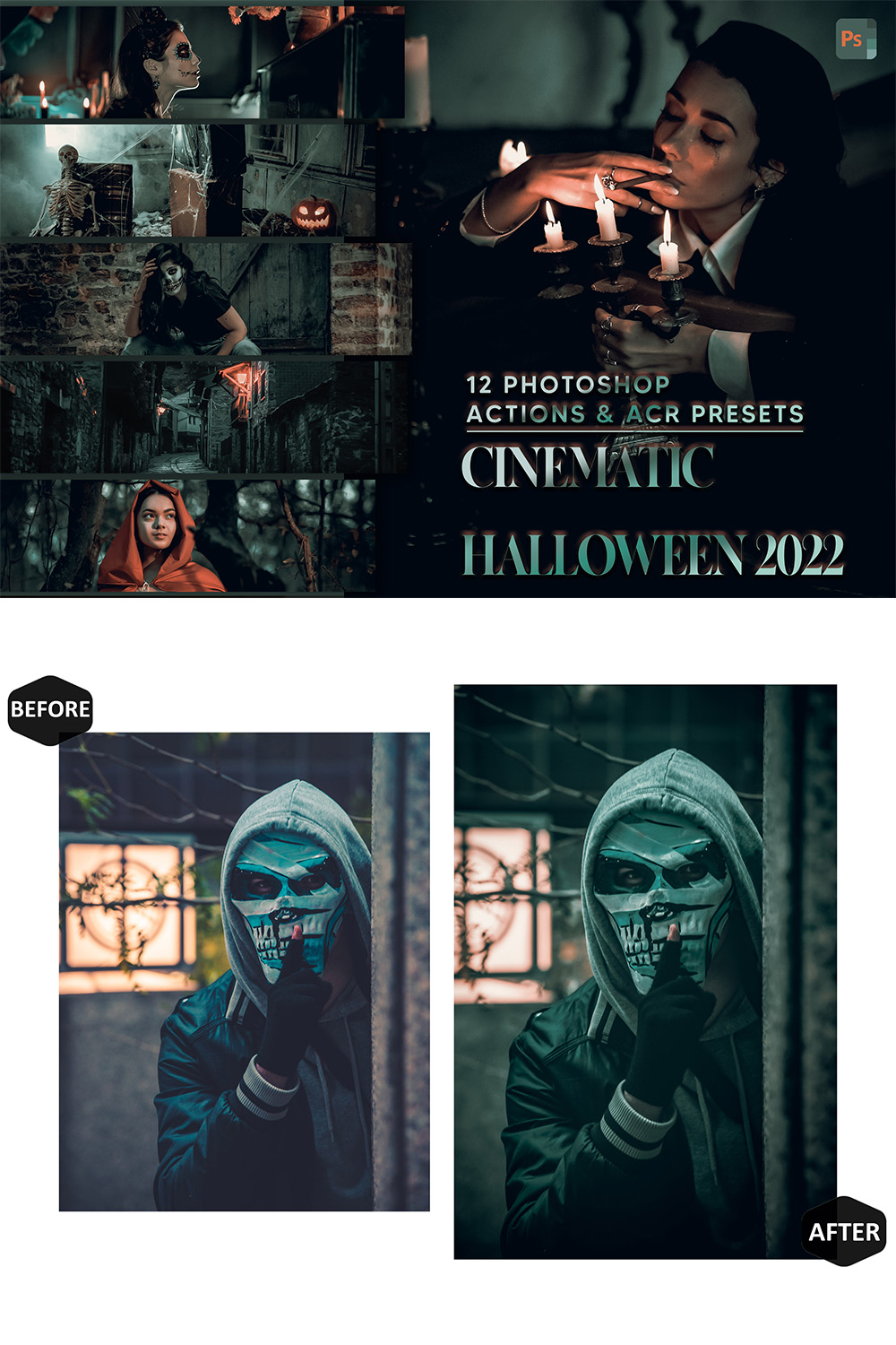 12 Photoshop Actions, Cinematic Halloween 2022 Ps Action, Film ACR Preset, Cinema Ps Filter, Atn Portrait And Lifestyle Theme For Instagram, Blogger pinterest preview image.