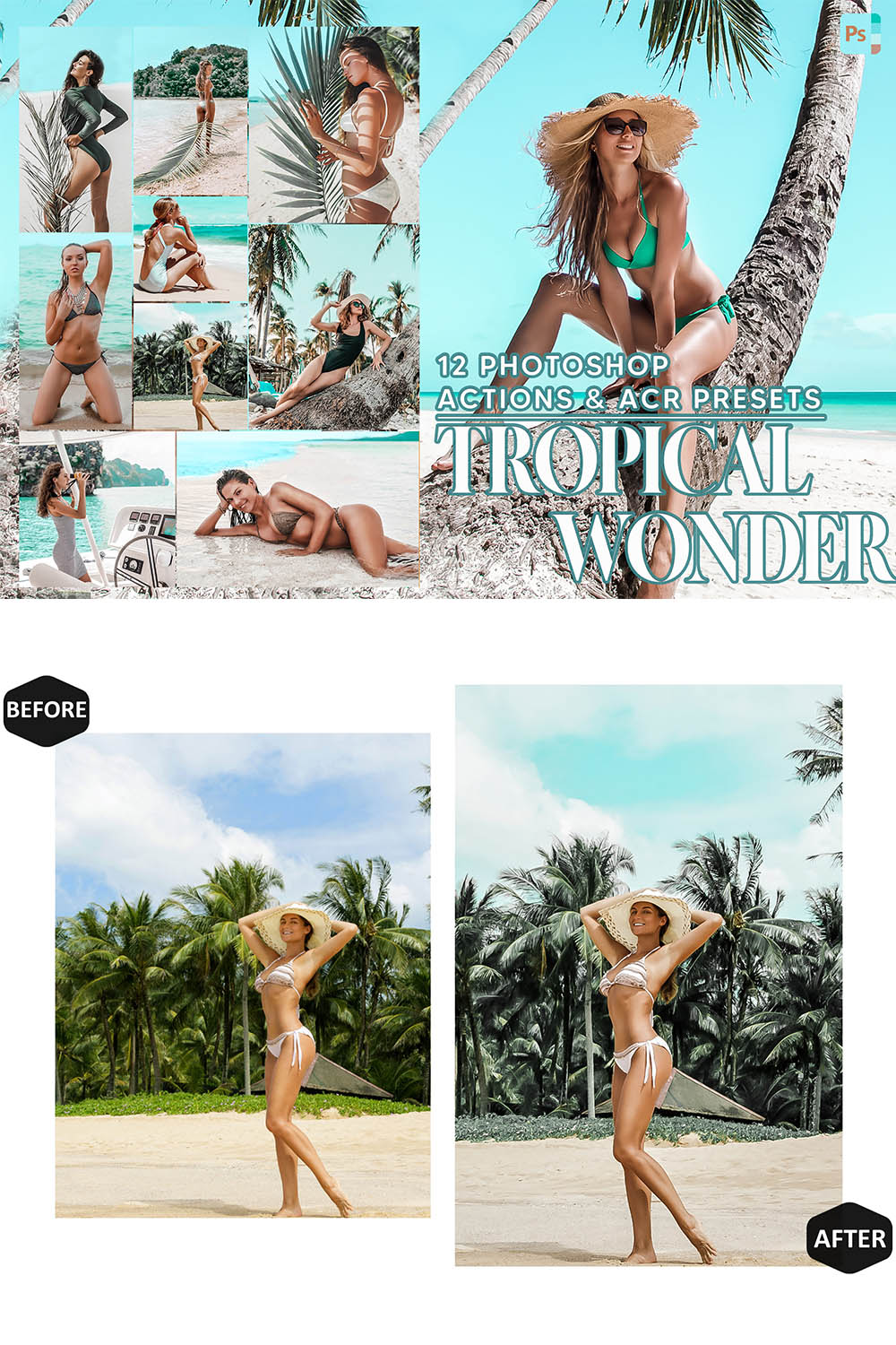 12 Photoshop Actions, Tropical Wonder Ps Action, Skin Bronze ACR Preset, Summer Bright Ps Filter, Atn Portrait And Lifestyle Theme For Instagram, Blogger pinterest preview image.