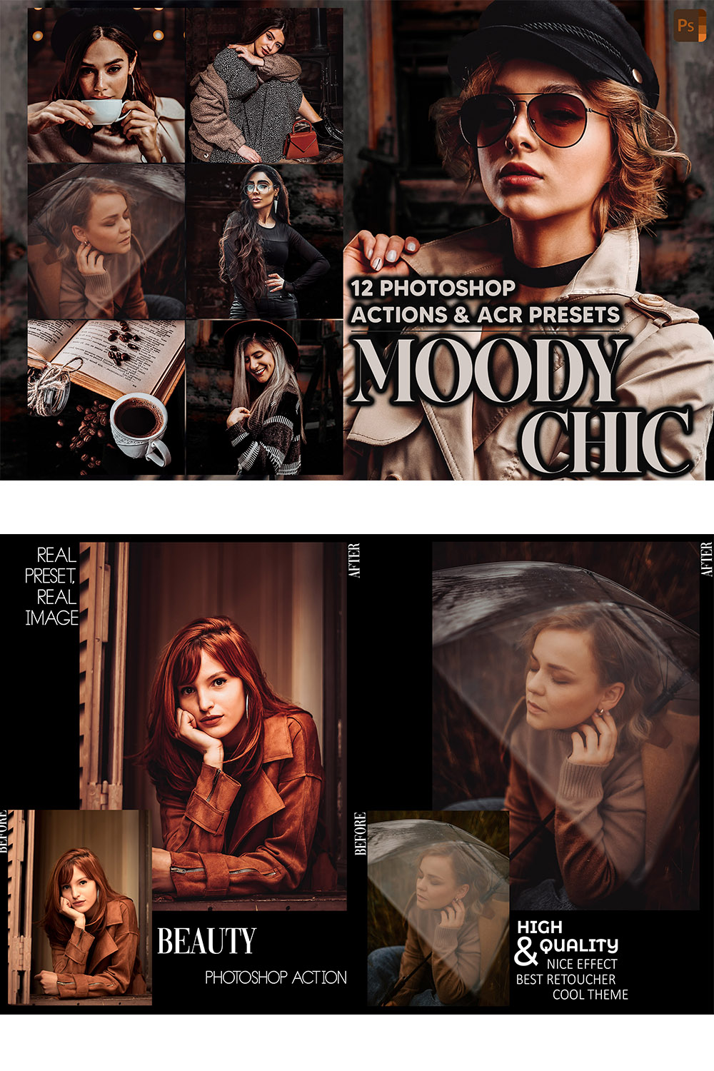 12 Photoshop Actions, Moody Chic Ps Action, Dark Fall ACR Preset, Autumn Ps Filter, Atn Portrait And Lifestyle Theme Instagram Blogger Warm pinterest preview image.