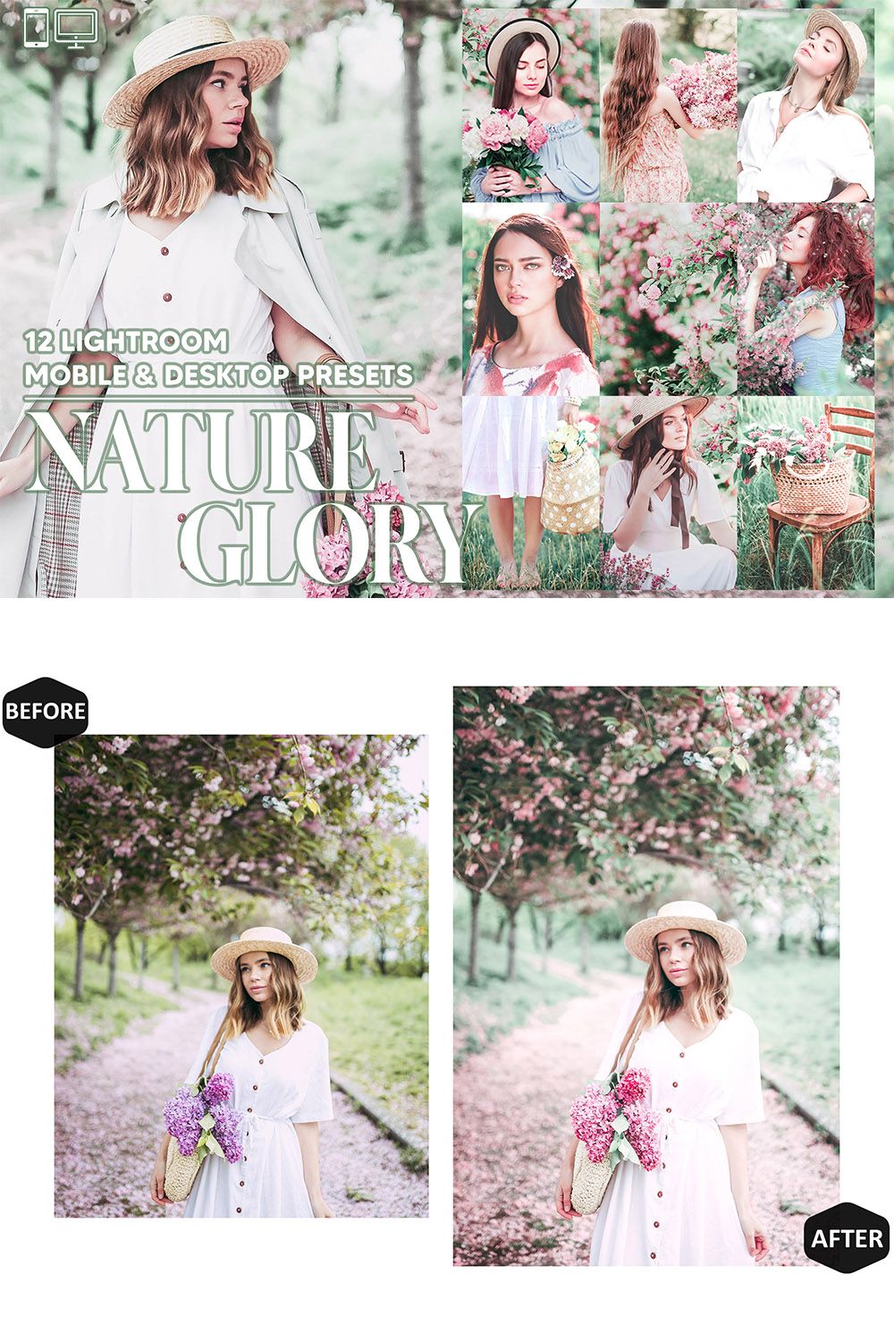 12 Photoshop Actions, Nature Glory Ps Action, Spring ACR Preset, Bright Ps Filter, Atn Portrait And Lifestyle Theme For Instagram, Blogger pinterest preview image.