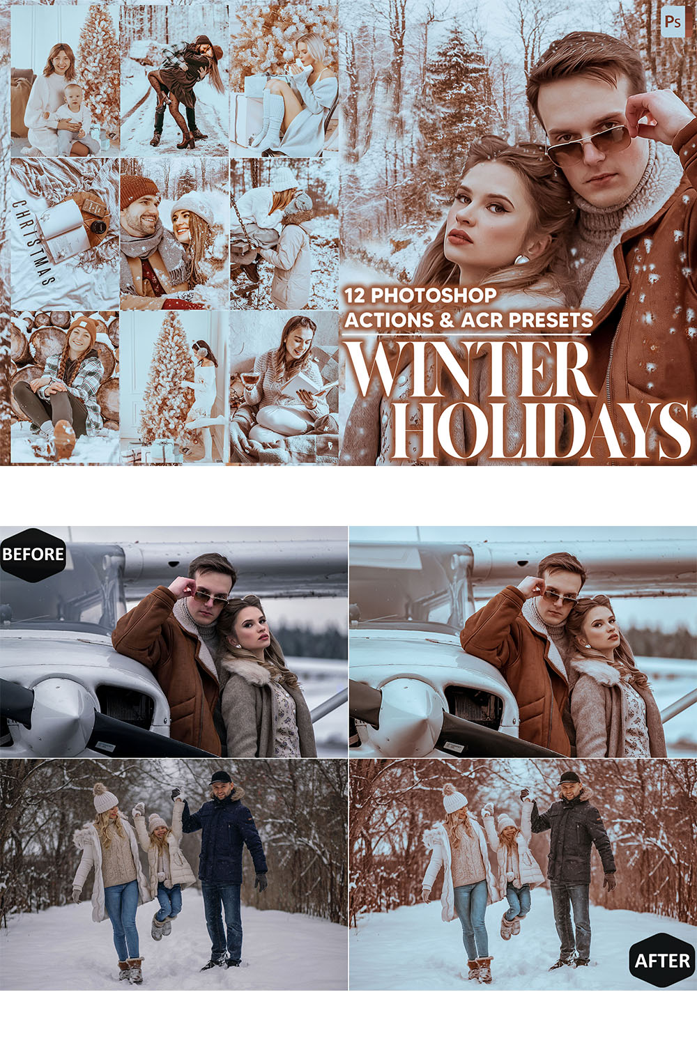 12 Photoshop Actions, Winter Holidays Ps Action, Xmas ACR Preset, Cocoa Ps Filter, Atn Portrait And Lifestyle Theme For Instagram, Blogger pinterest preview image.