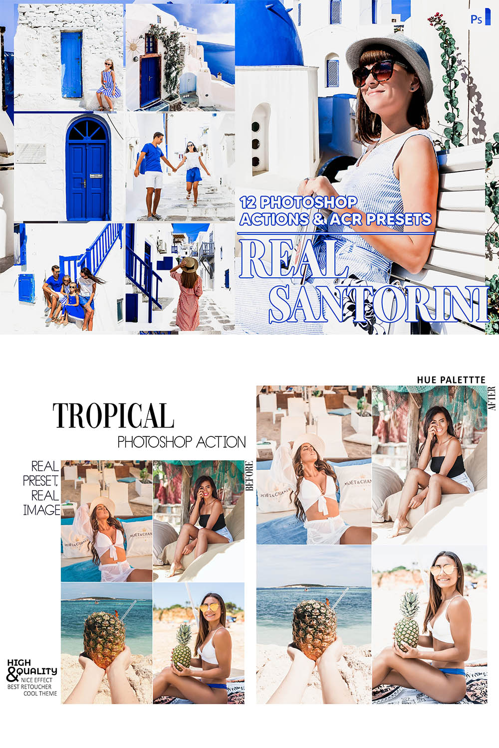 12 Photoshop Actions, Real Santorini Ps Action, Travel ACR Preset, Spring Ps Filter, Atn Portrait And Lifestyle Theme For Instagram, Blogger pinterest preview image.