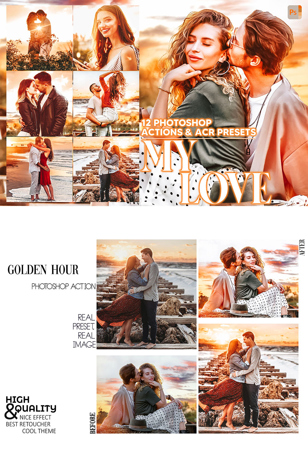 12 Photoshop Actions, My Love Ps Action, Golden Hour ACR Preset, Romance Ps Filter, Atn Portrait And Lifestyle Theme Instagram, Blogger Warm pinterest preview image.