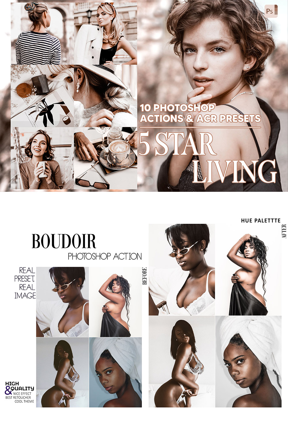 10 Photoshop Actions, 5 Star Living Ps Action, Moody ACR Preset, Autumn Ps Filter, Atn Portrait And Lifestyle Theme For Instagram, Blogger pinterest preview image.
