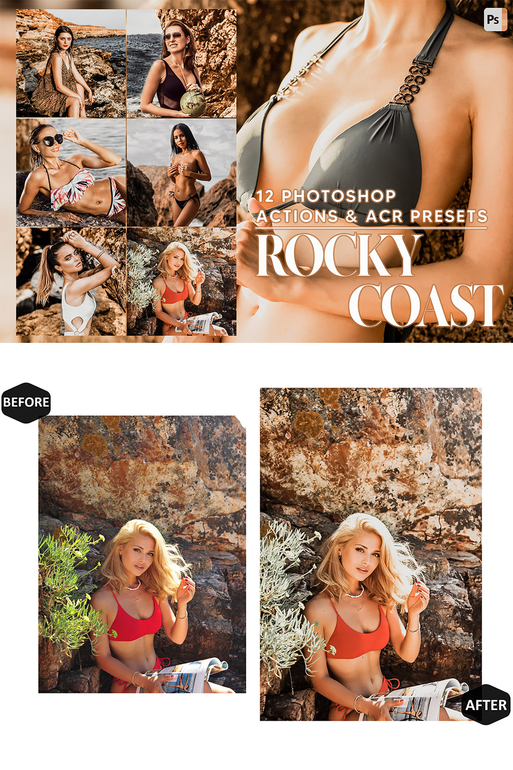 12 Photoshop Actions, Rocky Coast Ps Action, Tanned Skin ACR Preset, Summer Ps Filter, Portrait And Lifestyle Theme For Instagram, Blogger pinterest preview image.