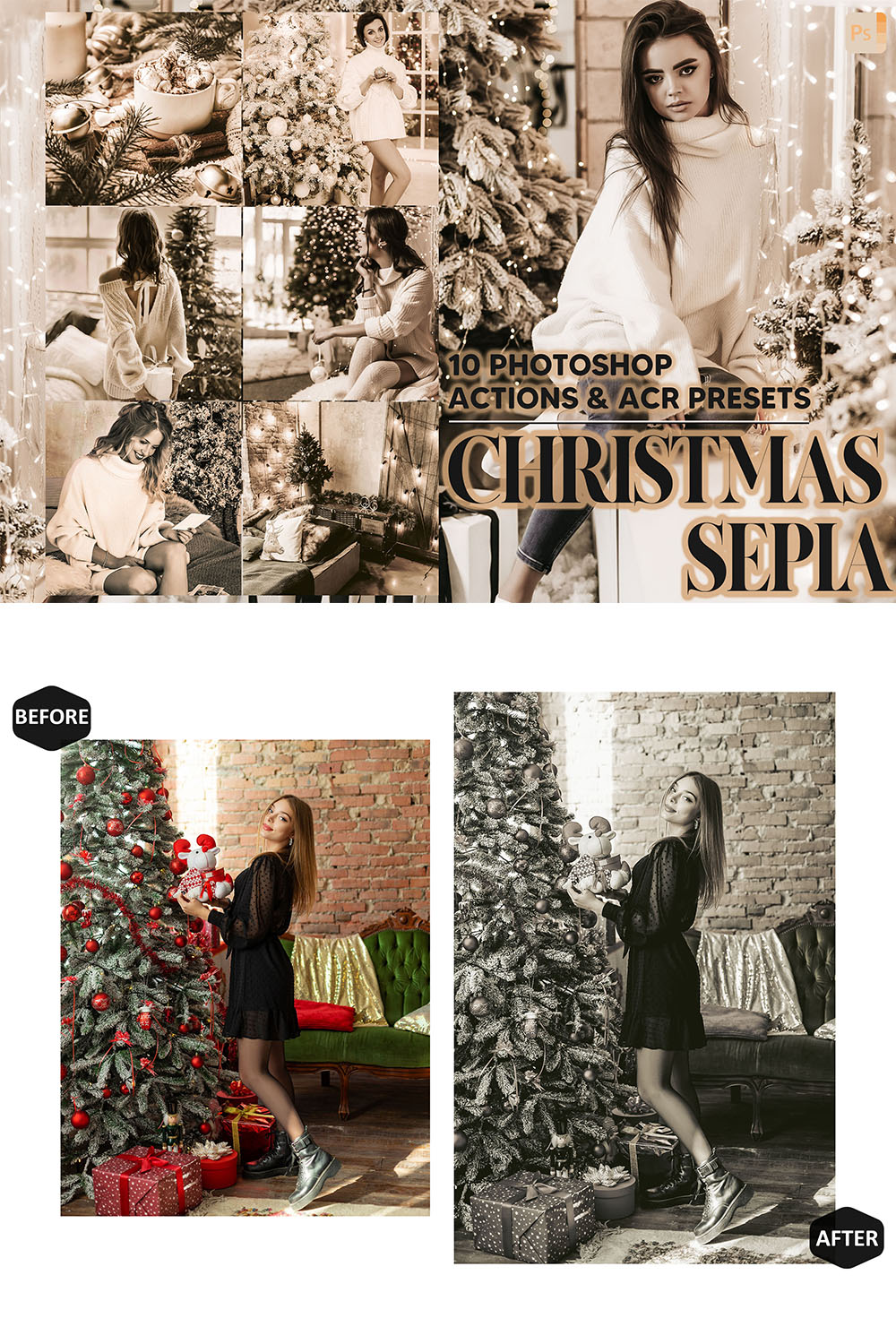 10 Photoshop Actions, Christmas Sepia Ps Action, B&W Xmas ACR Preset, Winter Ps Filter, Atn Portrait And Lifestyle Theme Instagram Blogger pinterest preview image.
