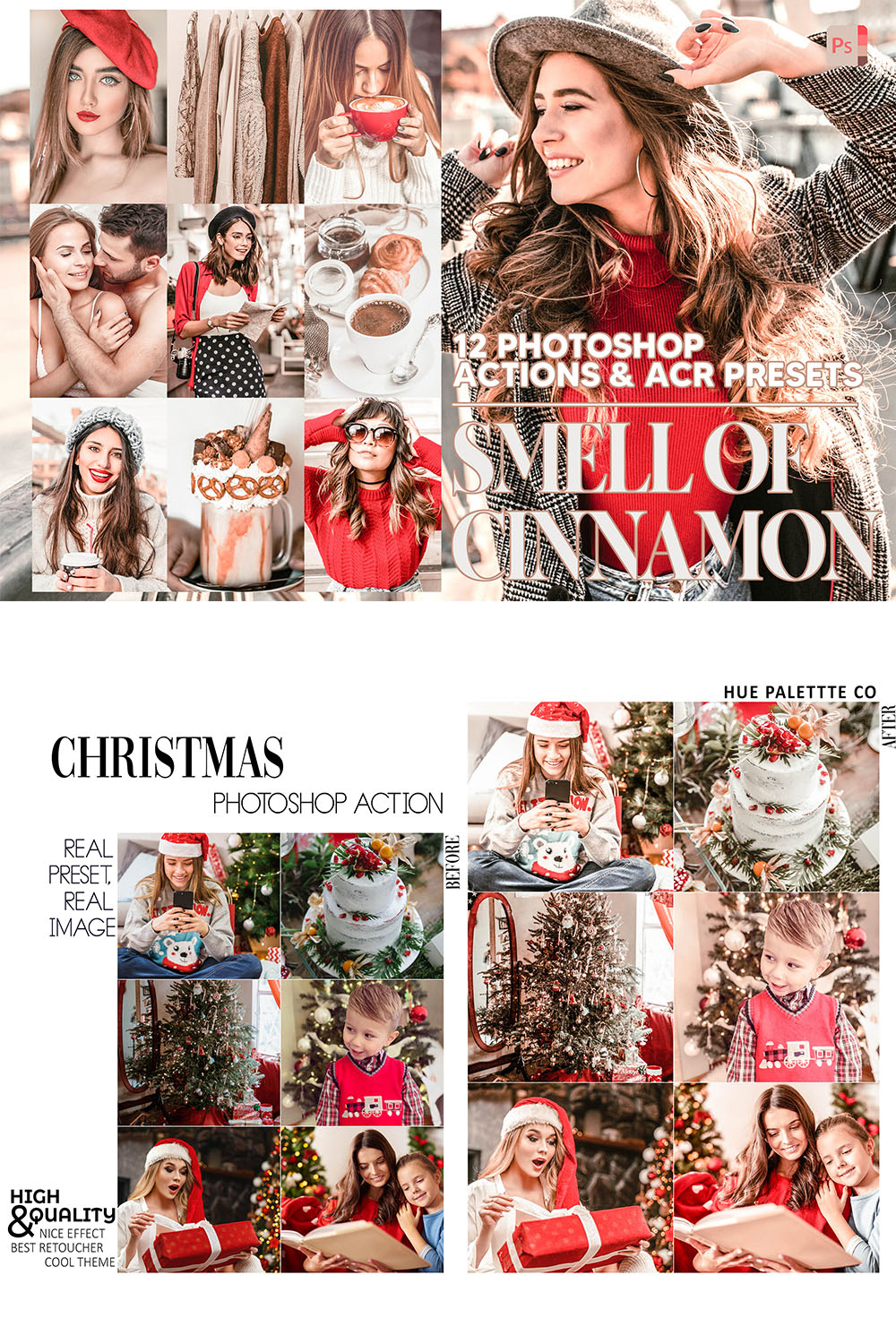 12 Photoshop Actions, Smell Of Cinnamon Ps Action, Winter ACR Preset, Love Ps Filter, Atn Portrait And Lifestyle Theme For Instagram, Blogger pinterest preview image.