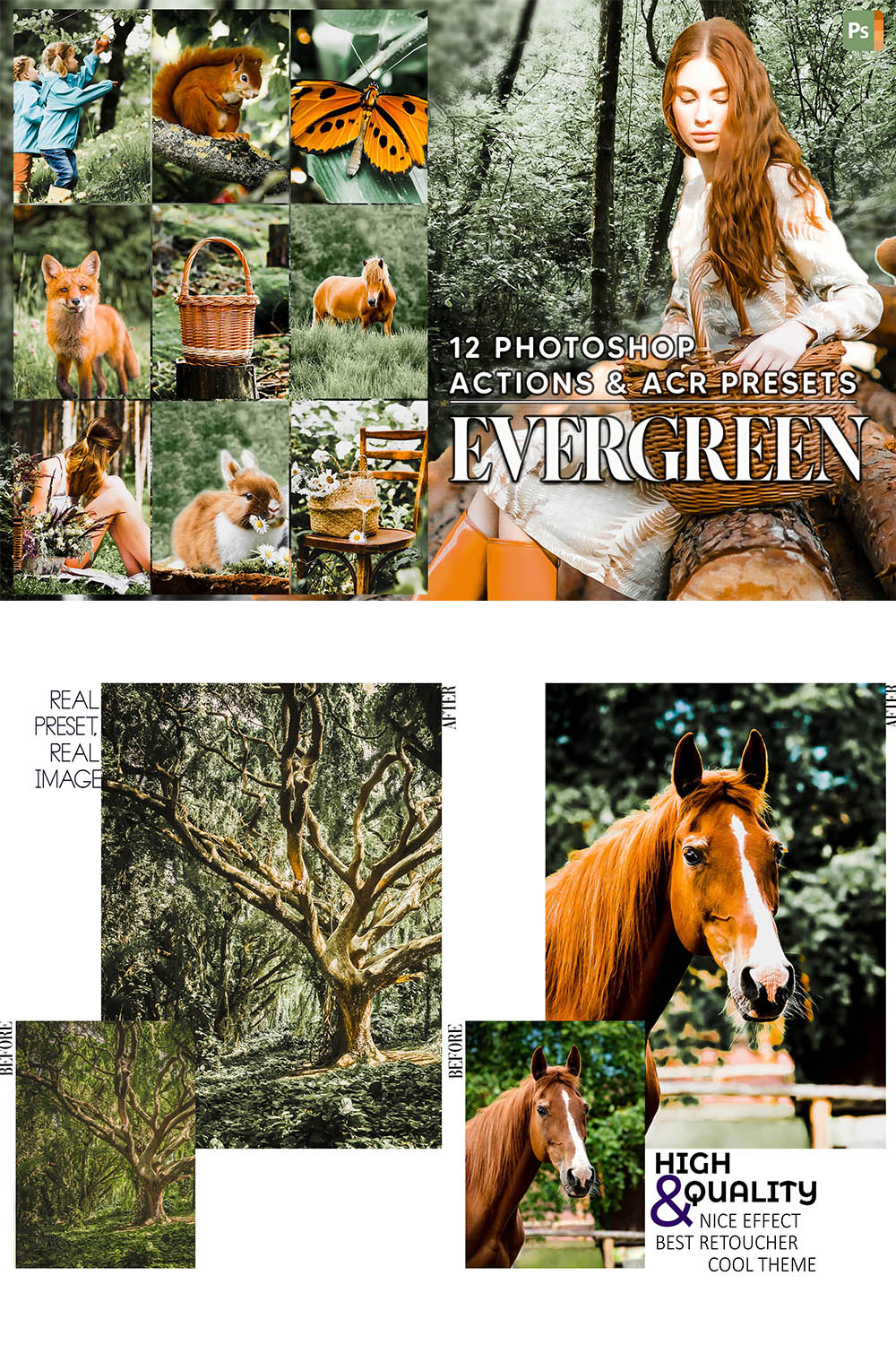 12 Evergreen, Deep Jungle Ps Action, Moody ACR Preset, Green Ps Filter, Landscape Portrait And Lifestyle Theme For Instagram, Blogger pinterest preview image.