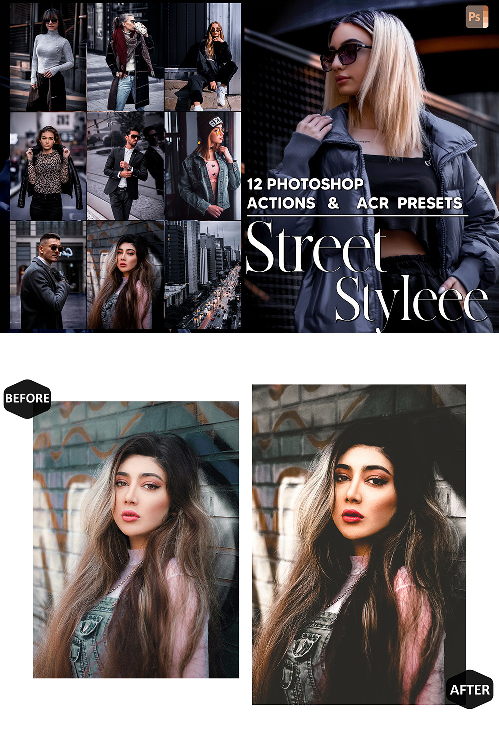 12 Photoshop Actions, Street Styleee Ps Action, City View ACR Preset, Portrait Ps Filter, Pictures And Style Theme For Instagram, Blogger pinterest preview image.