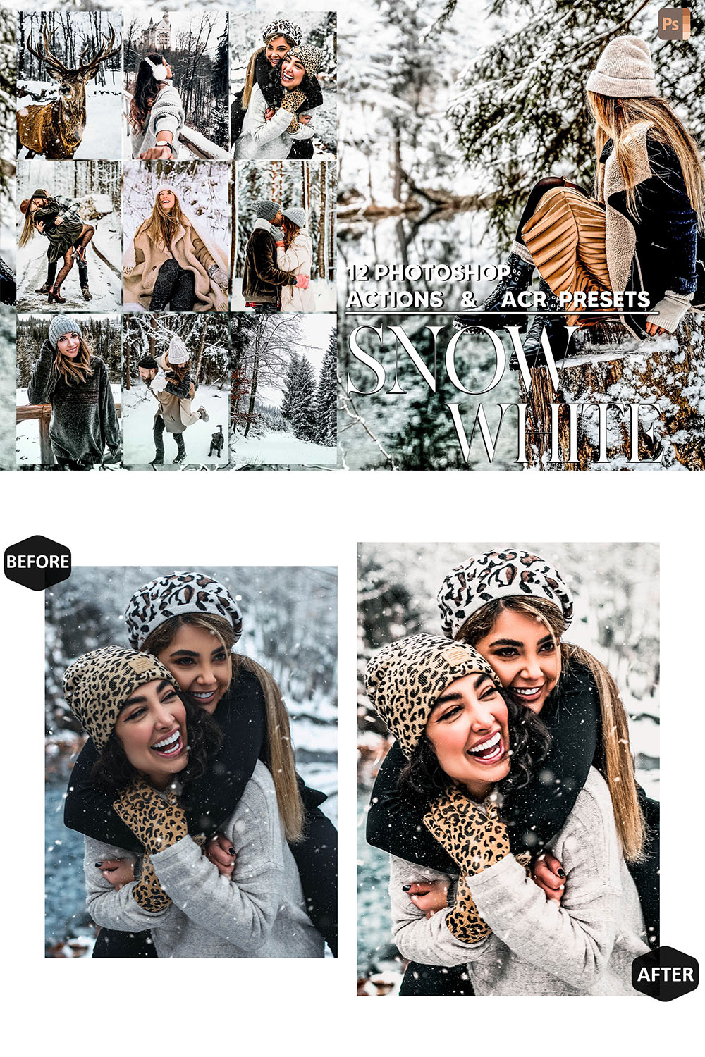 12 Photoshop Actions, Snow White Ps Action, Moody ACR Preset, Cool Light Ps Filter, Atn Pictures And style Theme For Instagram, Blogger pinterest preview image.