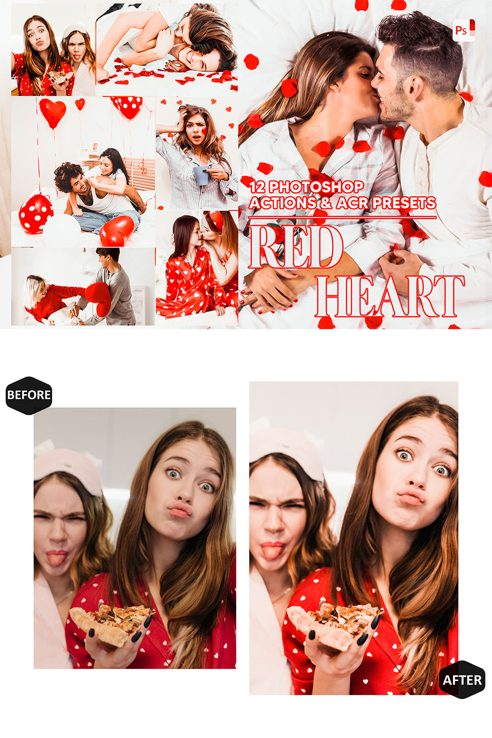 12 Photoshop Actions, Red Heart Ps Action, Love ACR Preset, Vibrant Ps Filter, Atn Portrait And Lifestyle Theme For Instagram, Blogger pinterest preview image.