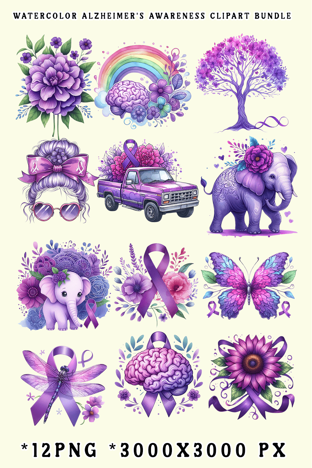 Watercolor Alzheimer's Awareness Clipart Bundle pinterest preview image.