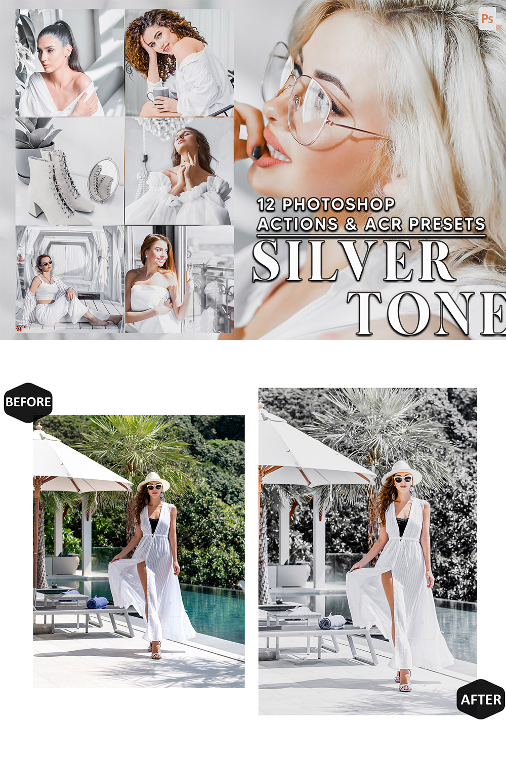 12 Photoshop Actions, Silver Tone Ps Action, Gray Clean ACR Preset, Luxury Ps Filter, Atn Portrait And Lifestyle Theme For Instagram, Blogger pinterest preview image.