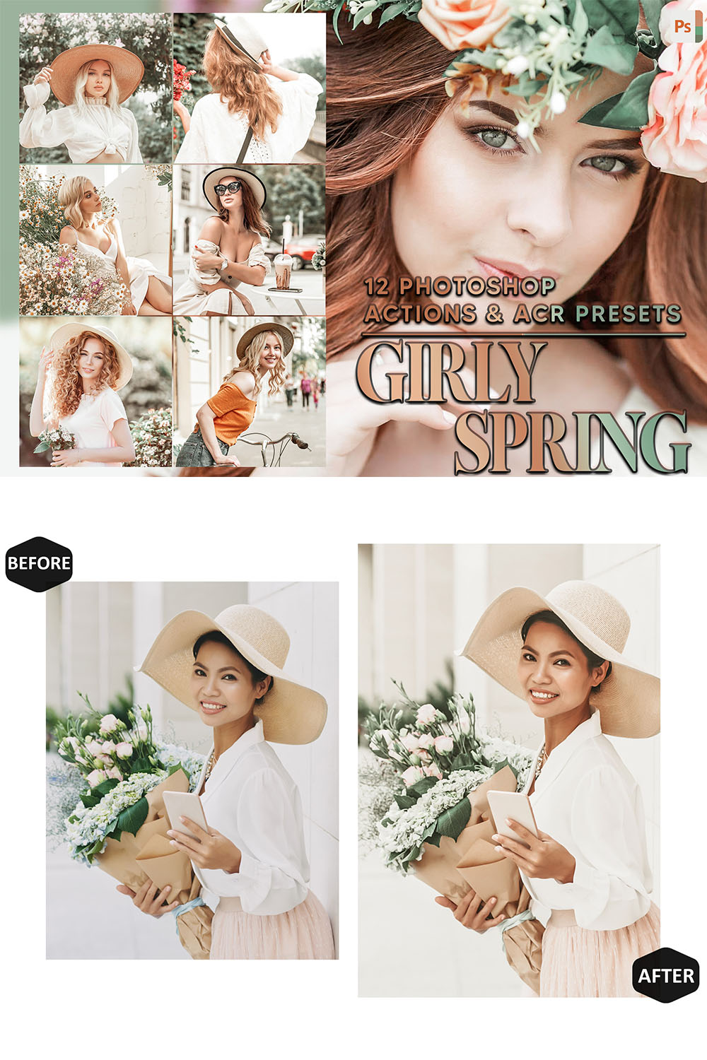 12 Photoshop Actions, Girly Spring Ps Action, Espresso ACR Preset, Bright Cream Ps Filter, Atn Portrait And Lifestyle Theme For Instagram, Blogger pinterest preview image.