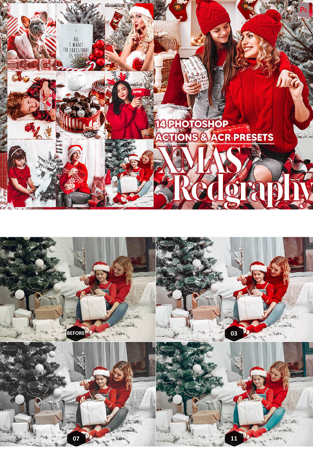 14 Photoshop Actions, Xmas Redgraphy Ps Action, Christmas ACR Preset, Winter Ps Filter, Atn Portrait And Lifestyle Theme Instagram, Blogger pinterest preview image.
