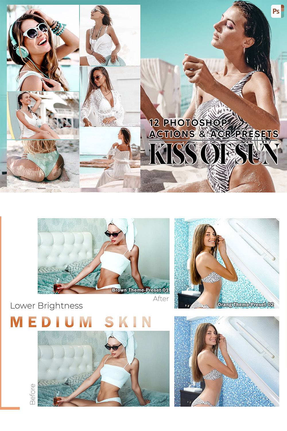 12 Photoshop Actions, Kiss Of Sun Ps Action, Sunkissed ACR Preset, Beach Ps Filter, Portrait And Lifestyle Theme For Instagram, Blogger pinterest preview image.