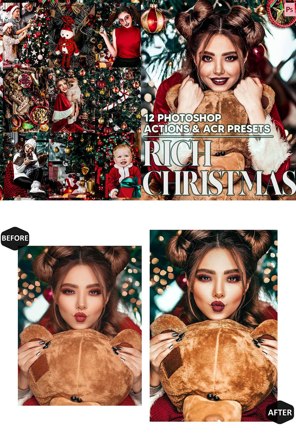 12 Photoshop Actions, Rich Christmas Ps Action, Moody ACR Preset, Winter Ps Filter, Atn Portrait And Lifestyle Theme For Instagram, Blogger pinterest preview image.