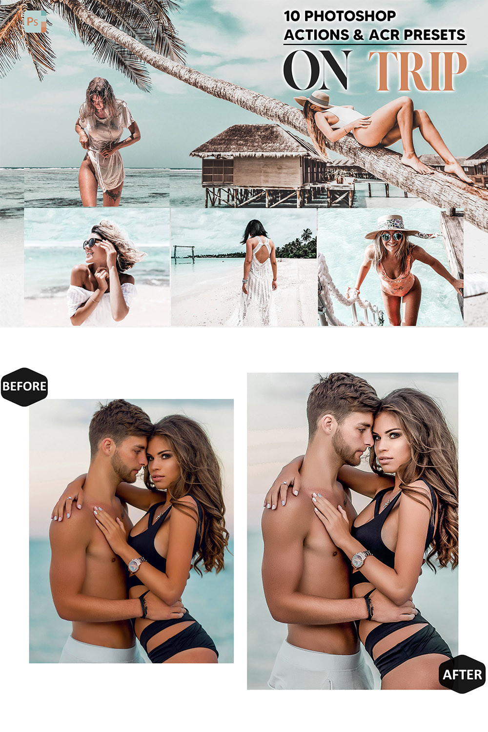 10 Photoshop Actions, On Trip Ps Action, Summer ACR Preset, Beach Ps Filter, Atn Portrait And Lifestyle Theme For Instagram, Blogge pinterest preview image.