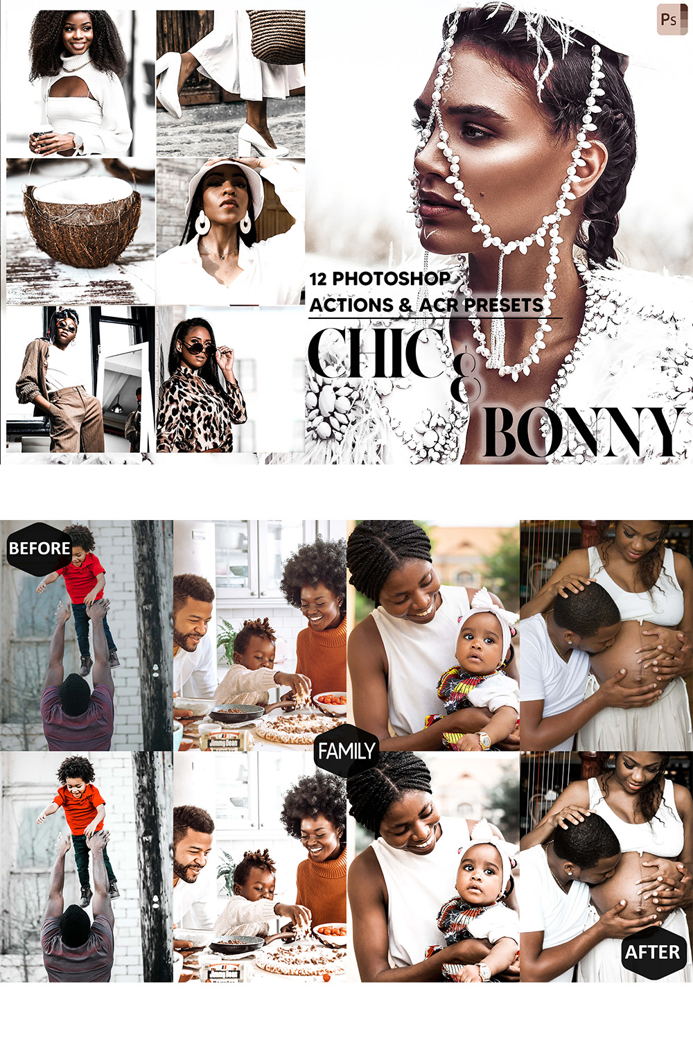 12 Photoshop Actions, Chic & Bonny Ps Action, Bright ACR Preset, Dark Skin Ps Filter, Atn Portrait And Lifestyle Theme For Instagram, Blogger pinterest preview image.