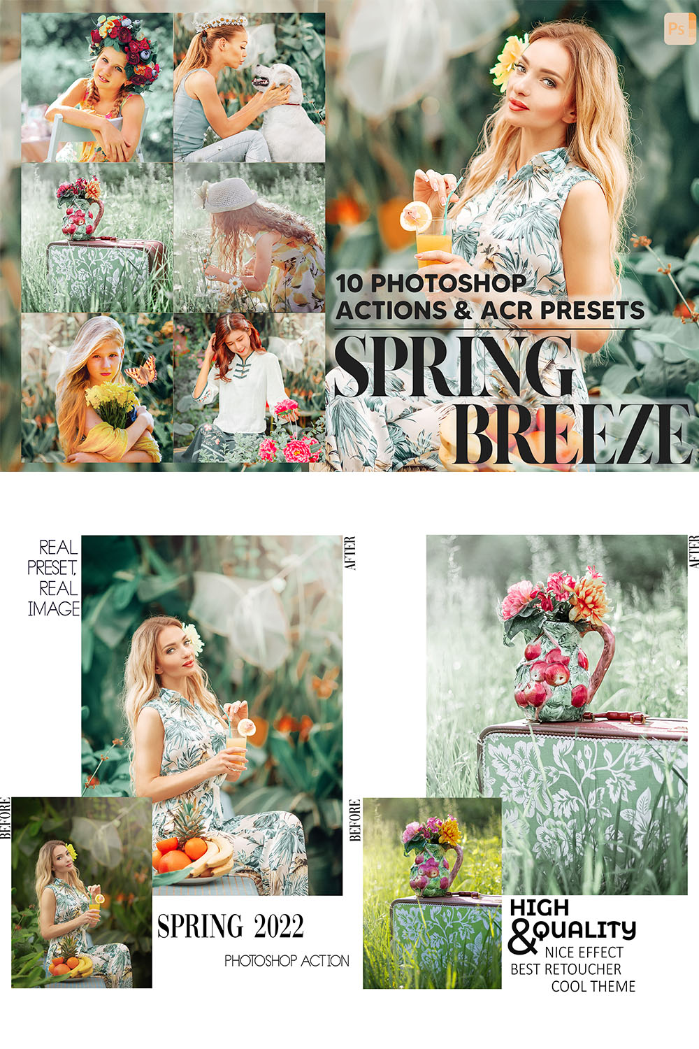 10 Photoshop Actions, Spring Breeze Ps Action, Bright ACR Preset, Warm Girl Ps Filter, Atn Portrait And Lifestyle Theme Instagram, Blogger pinterest preview image.