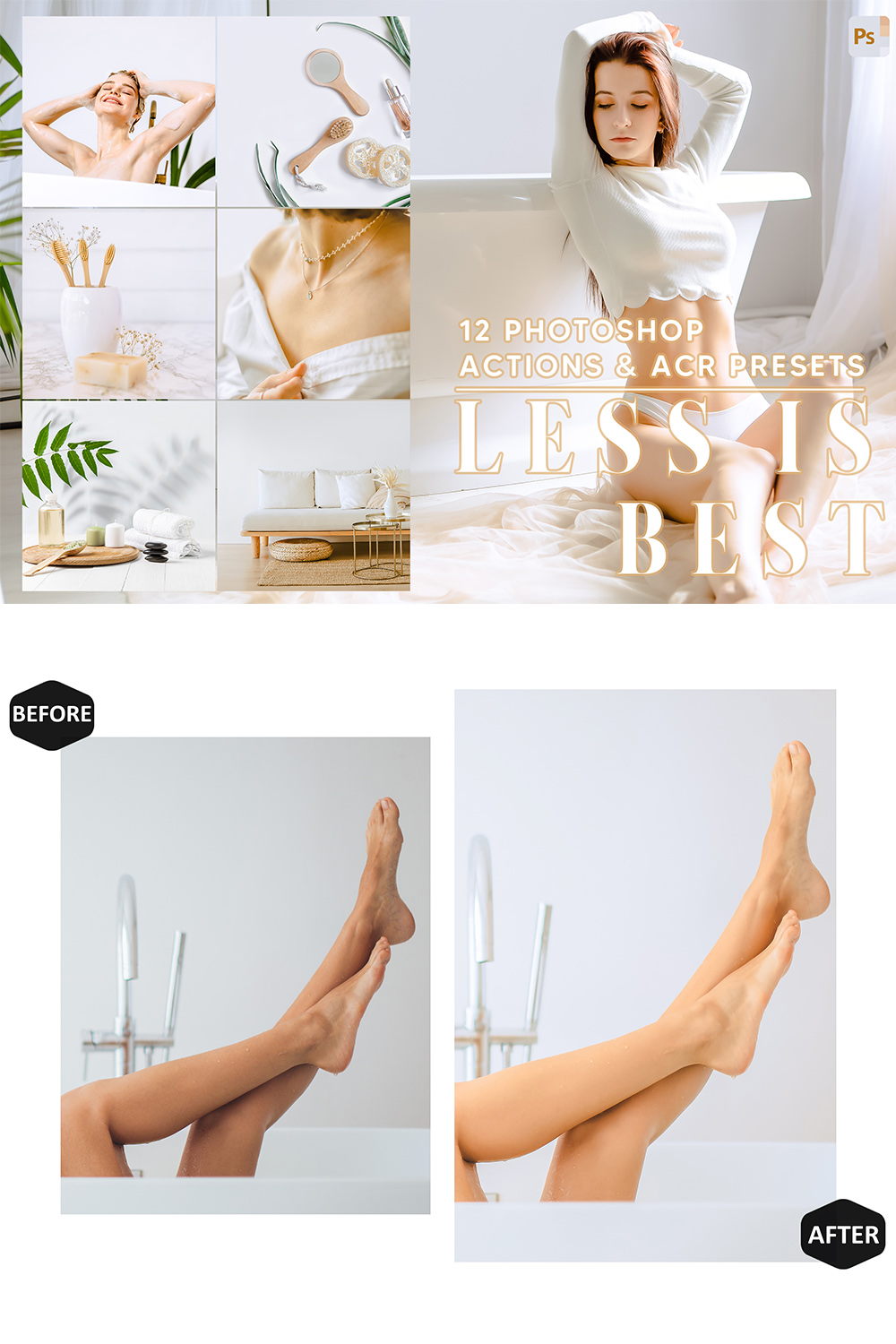 12 Photoshop Actions, Less is Best Ps Action, Minimal ACR Preset, Bright Ps Filter, Portrait And Lifestyle Theme For Instagram, Blogger pinterest preview image.