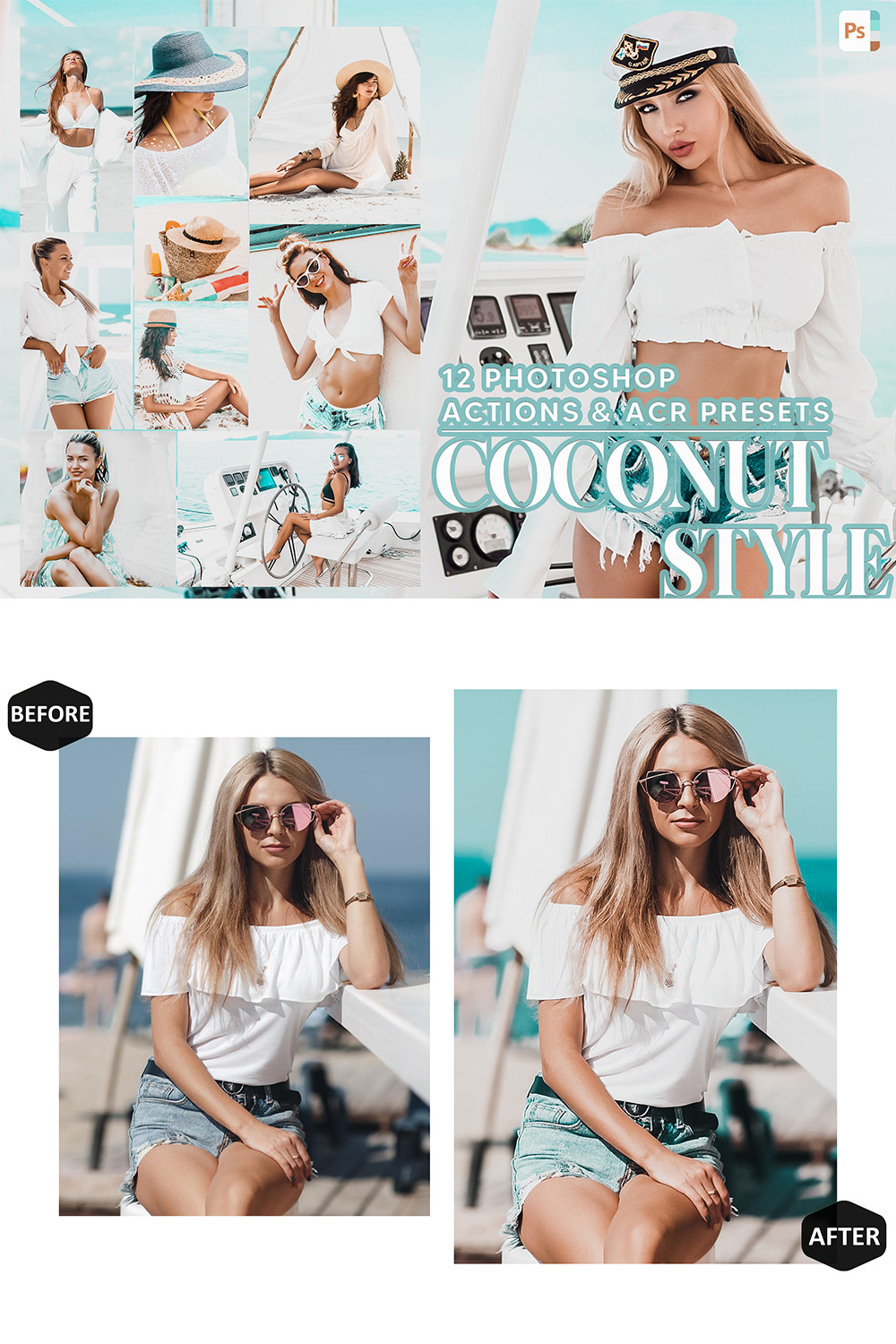 12 Photoshop Actions, Coconut Style Ps Action, Airy White ACR Preset, Summer Bright Ps Filter, Atn Portrait And Lifestyle Theme For Instagram, Blogger pinterest preview image.
