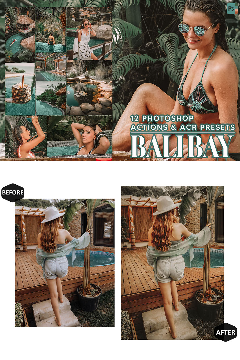 12 Photoshop Actions, Bali Bay Ps Action, Tropical ACR Preset, Travel Ps Filter, Atn Portrait And Lifestyle Theme For Instagram, Blogger pinterest preview image.