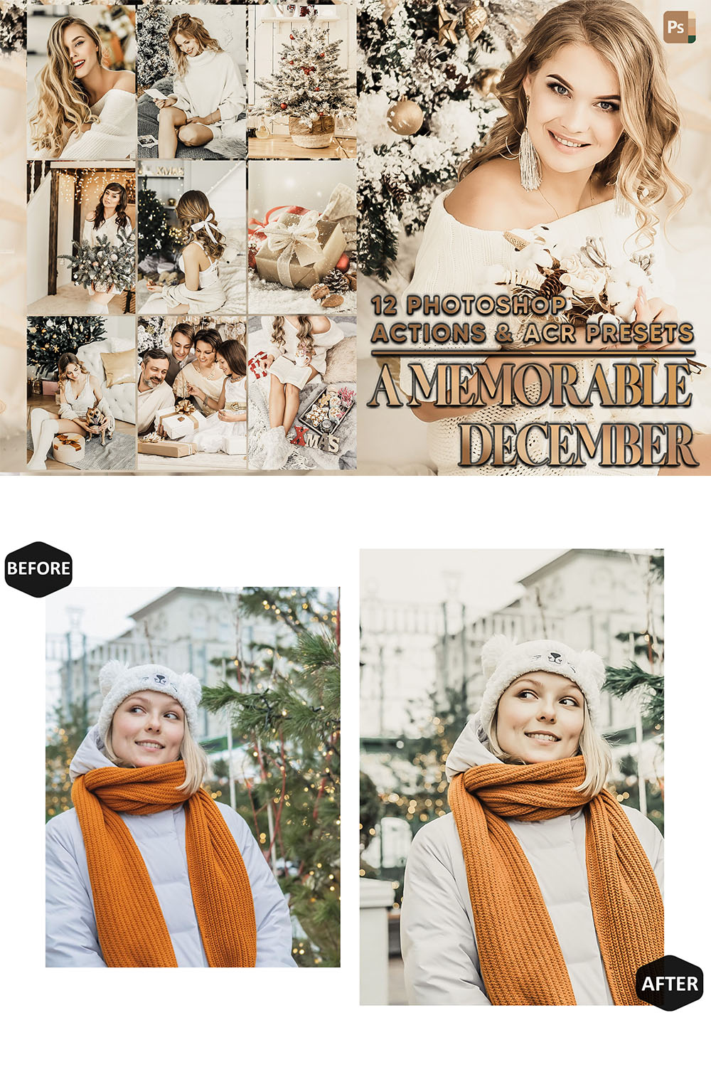 12 Photoshop Actions, A Memorable December Ps Action, Christmas ACR Preset, Holiday Ps Filter, Atn Portrait And Lifestyle Theme For Instagram, Blogger pinterest preview image.
