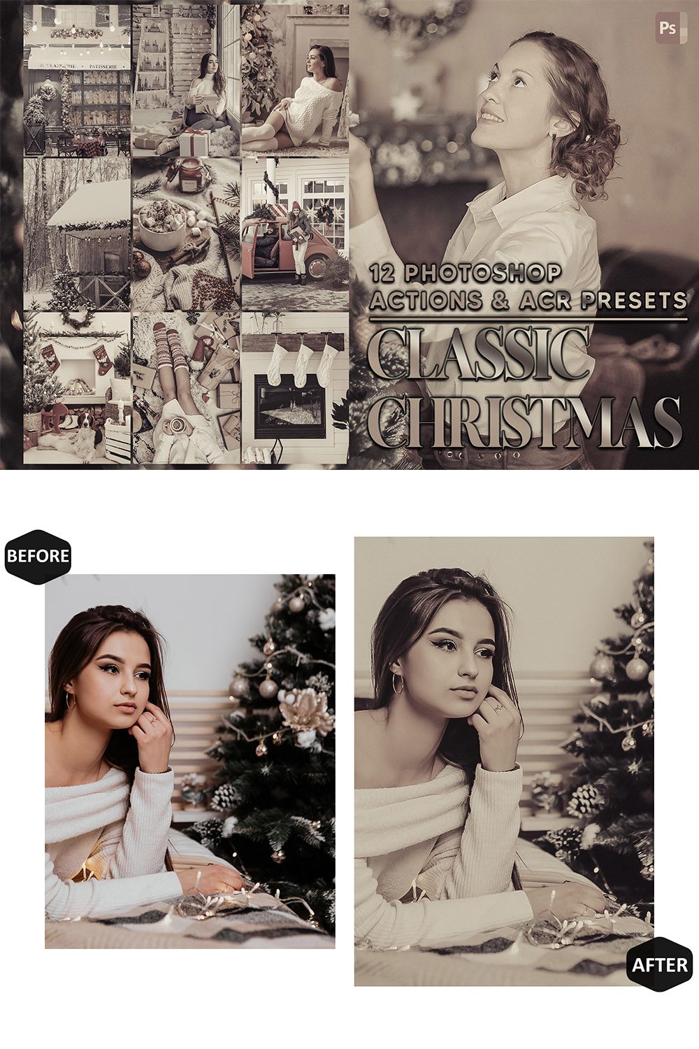 12 Photoshop Actions, Classic Christmas Ps Action, Vintage ACR Preset, Holiday Ps Filter, Atn Portrait And Lifestyle Theme For Instagram, Blogger pinterest preview image.