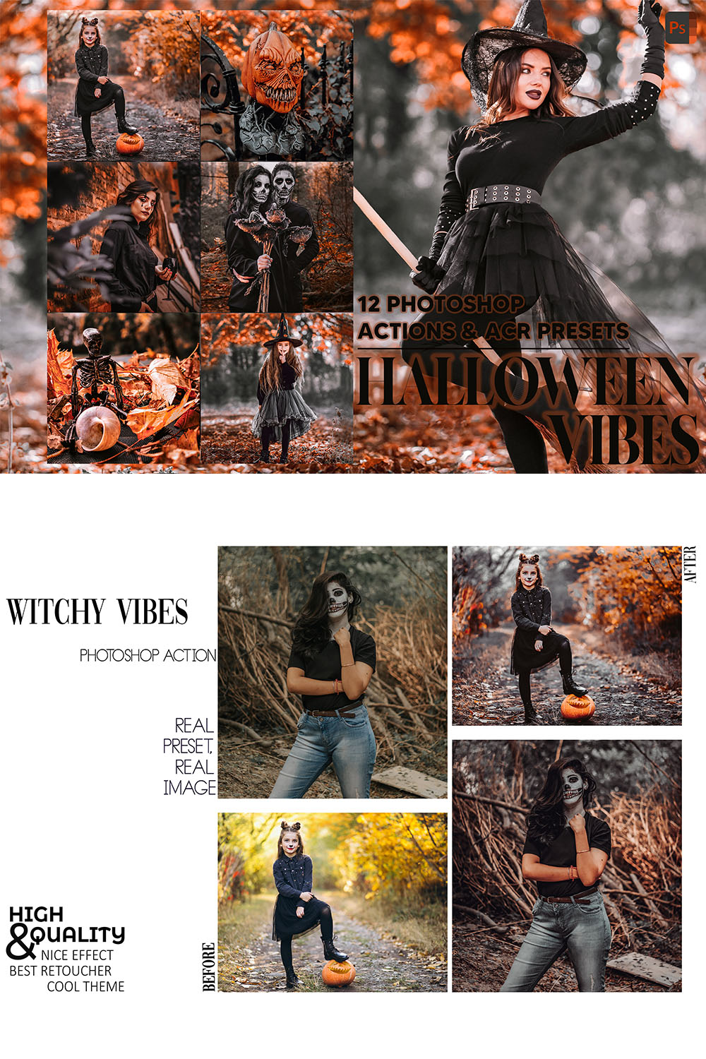 12 Photoshop Actions, Halloween Vibes Ps Action, Autumn Moody ACR Preset, Horror Ps Filter, Atn Portrait Lifestyle Theme Instagram Blogger pinterest preview image.