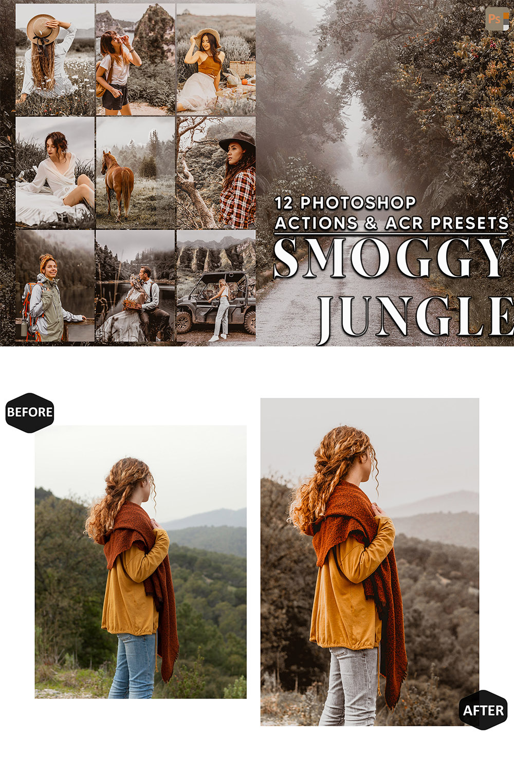 12 Photoshop Actions, Smoggy Jungle Ps Action, Foggy ACR Preset, Forest Moody Ps Filter, Atn Portrait And Lifestyle Theme For Instagram, Blogger pinterest preview image.