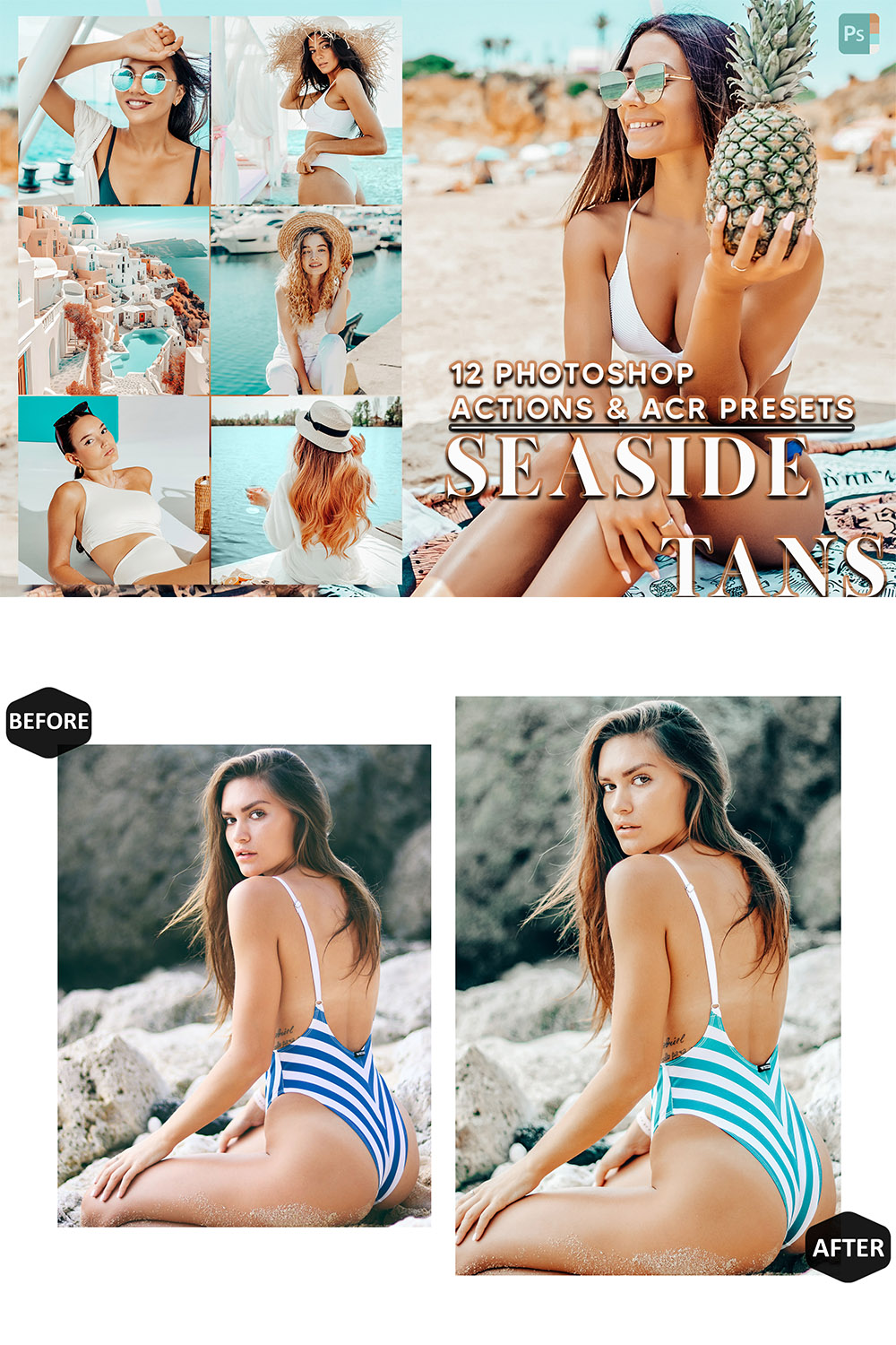 12 Photoshop Actions, Seaside Tans Ps Action, Bright Summer ACR Preset, Beach Ps Filter, Atn Portrait And Lifestyle Theme For Instagram, Blogger pinterest preview image.