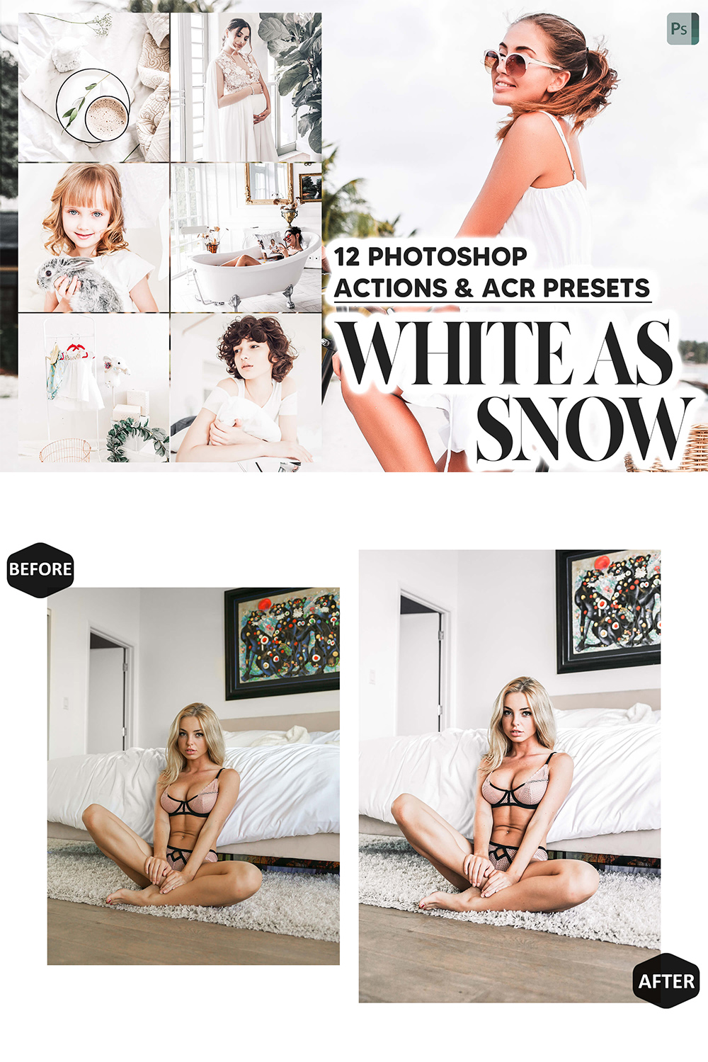 12 Photoshop Actions, White As Snow Ps Action, Bright ACR Preset, Airy Ps Filter, Atn Portrait And Lifestyle Theme For Instagram, Blogger pinterest preview image.