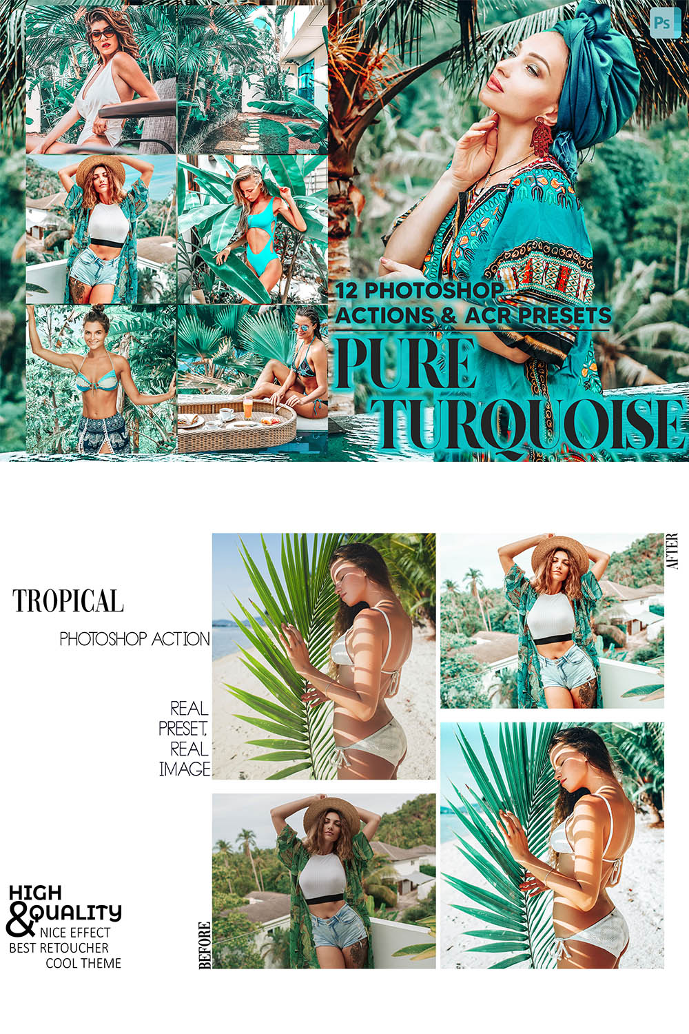 12 Photoshop Actions, Pure Turquoise Ps Action, Blue & Green ACR Preset, Warm Ps Filter, Atn Portrait And Lifestyle Theme Instagram, Blogger pinterest preview image.