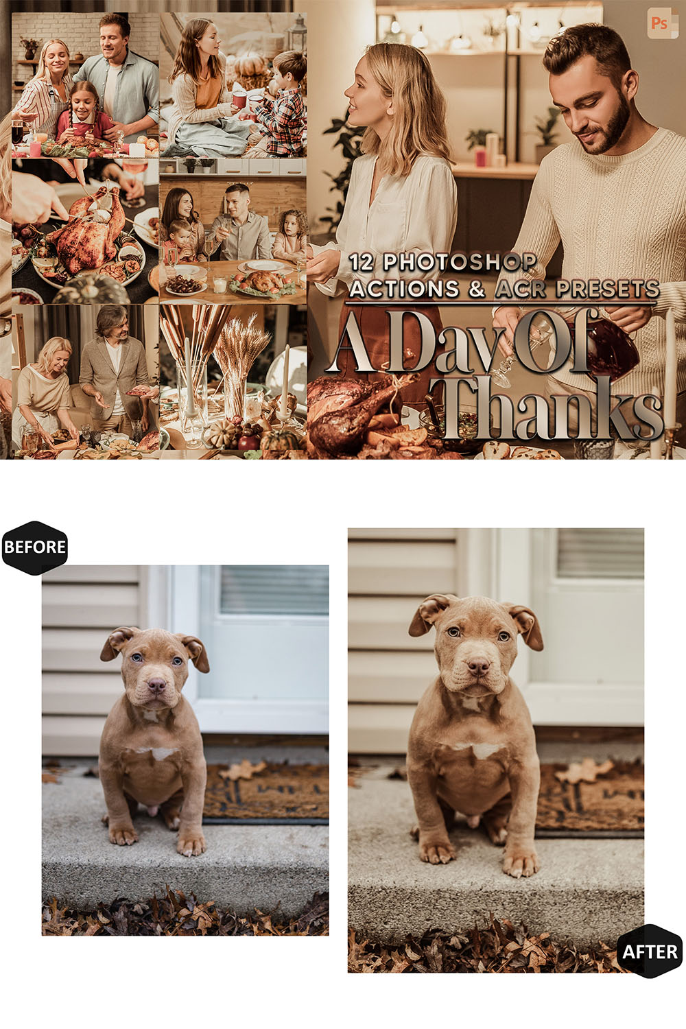12 Photoshop Actions, A Day Of Thanks Ps Action, Thanksgiving ACR Preset, Fall Outdoor Ps Filter, Atn Portrait And Lifestyle Theme For Instagram, Blogger pinterest preview image.