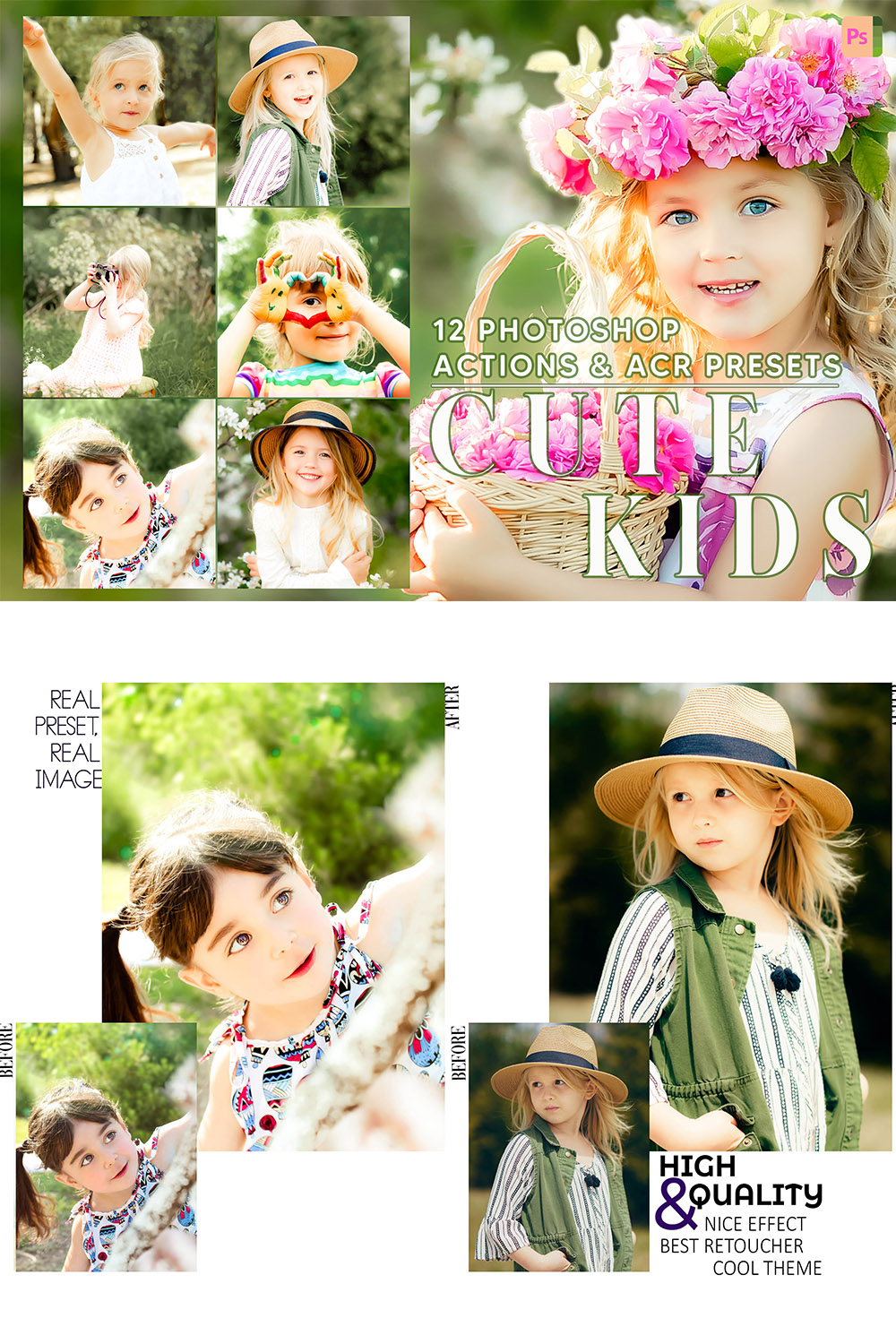 12 Photoshop Actions, Cute Kids Ps Action, Bright ACR Preset, Children Ps Filter, Portrait And Lifestyle Theme For Instagram, Blogger pinterest preview image.