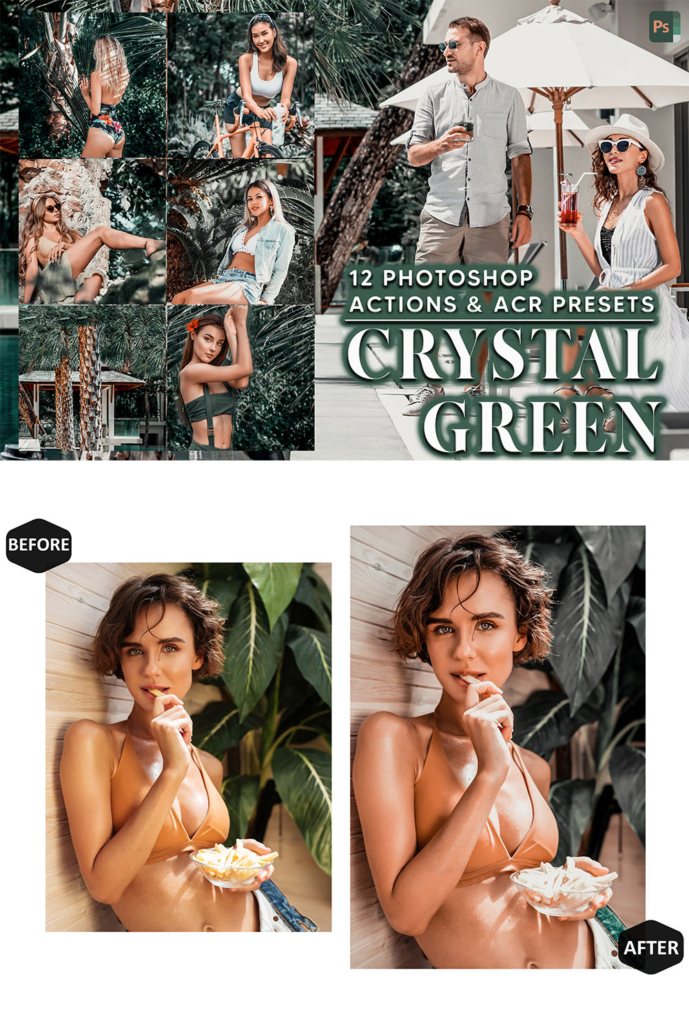 12 Photoshop Actions, Crystal Green Ps Action, Summer ACR Preset, Tropical Ps Filter, Atn Portrait And Lifestyle Theme For Instagram, Blogger pinterest preview image.