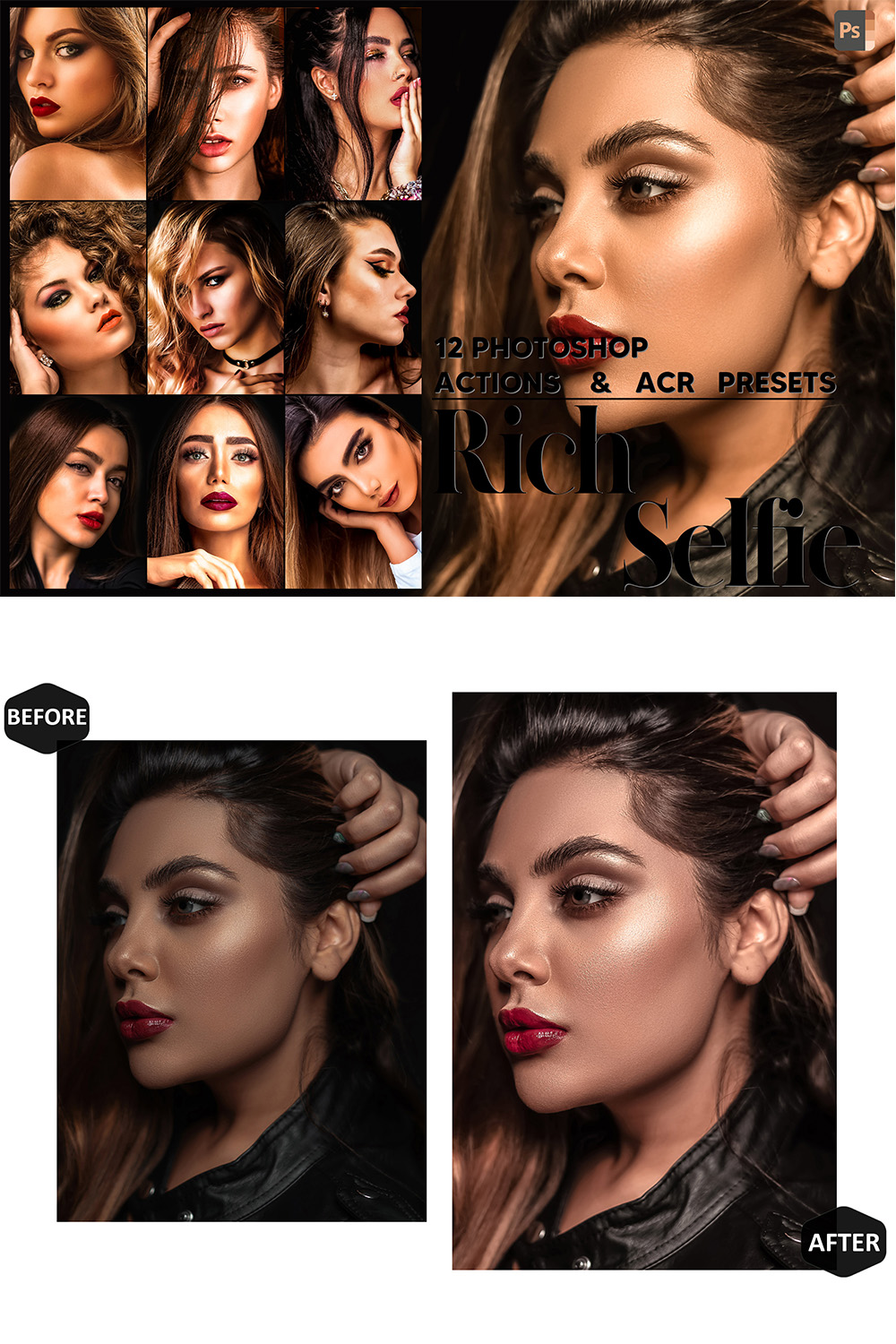 12 Photoshop Actions, Rich Selfie Ps Action, Beautiful ACR Preset, Portrait Ps Filter, Atn Pictures And style Theme For Instagram, Blogger pinterest preview image.