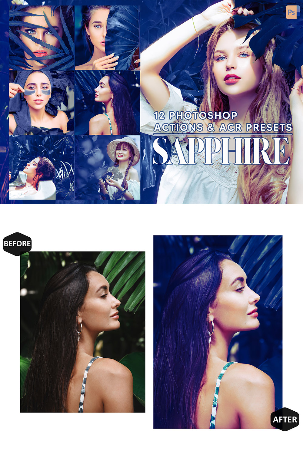 12 Photoshop Actions, Sapphire Ps Action, Blue dark ACR Preset, jungle Ps Filter, Portrait And Lifestyle Theme For Instagram, Blogger pinterest preview image.