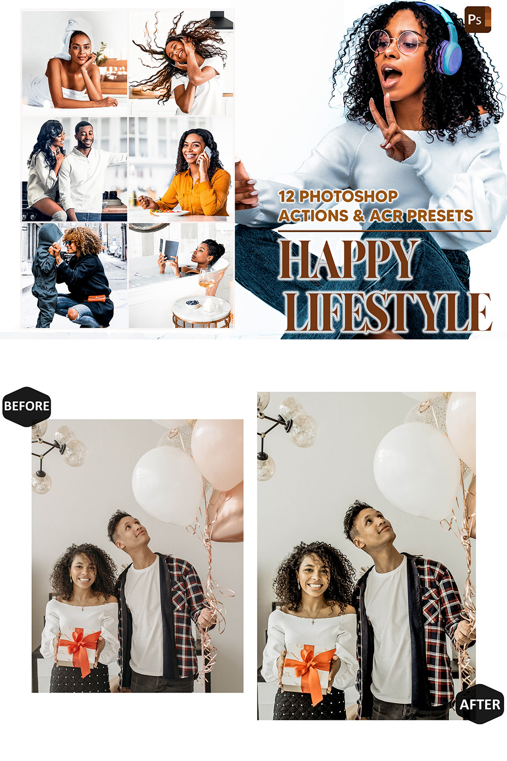 12 Photoshop Actions, Happy Lifestyle Ps Action, Daily Tasks ACR Preset, Dark Skin Ps Filter, Atn Portrait Lifestyle Theme Instagram Blogger pinterest preview image.