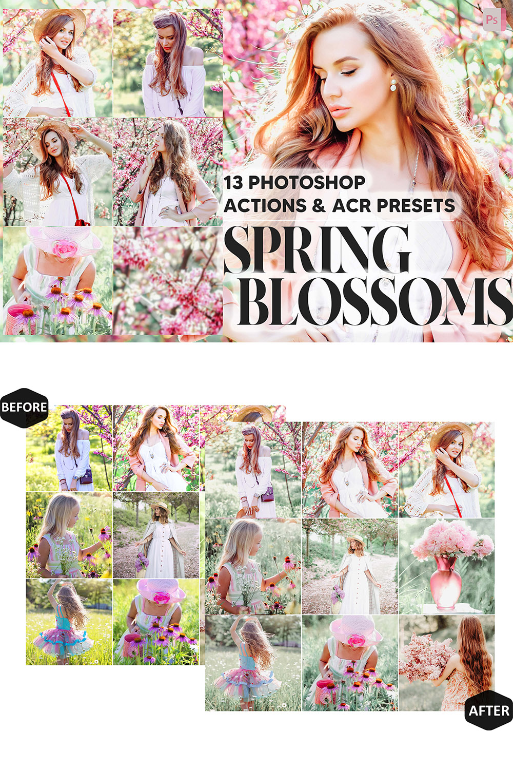 13 Photoshop Actions, Spring Blossoms Ps Action, Pastel Pink ACR Preset, Bright Ps Filter, Atn Portrait Lifestyle Theme Instagram, Blogger pinterest preview image.