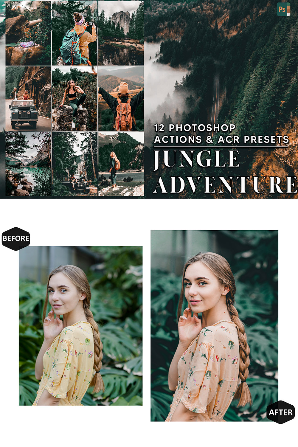 12 Photoshop Actions, Jungle Adventure Ps Action, Forest Moody ACR Preset, Travel Woman Ps Filter, Atn Portrait And Lifestyle Theme For Instagram, Blogger pinterest preview image.